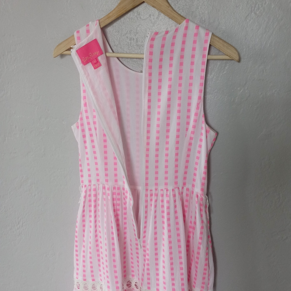 Lilly Pulitzer Maybella Tiered Midi Dress Pink Isle Gingham Lace Insert 6 - Picture 7 of 16